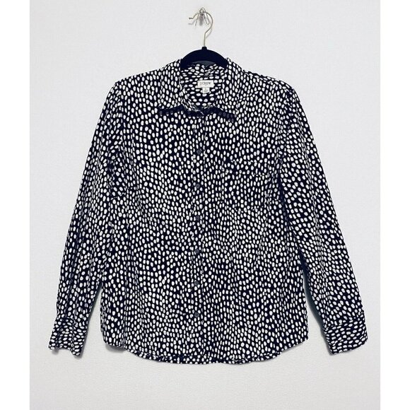 J Crew Button Up Top Womens Large Black Stretch Cotton Poplin Signature Fit - Picture 1 of 7
